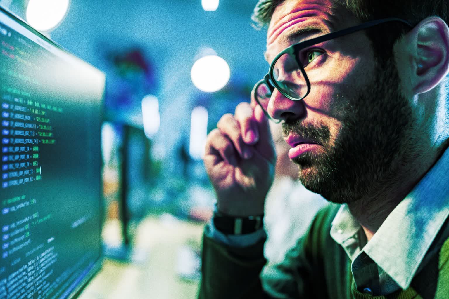 Man with glasses and a beard studying code on a computer monitor in a blue-lit workspace