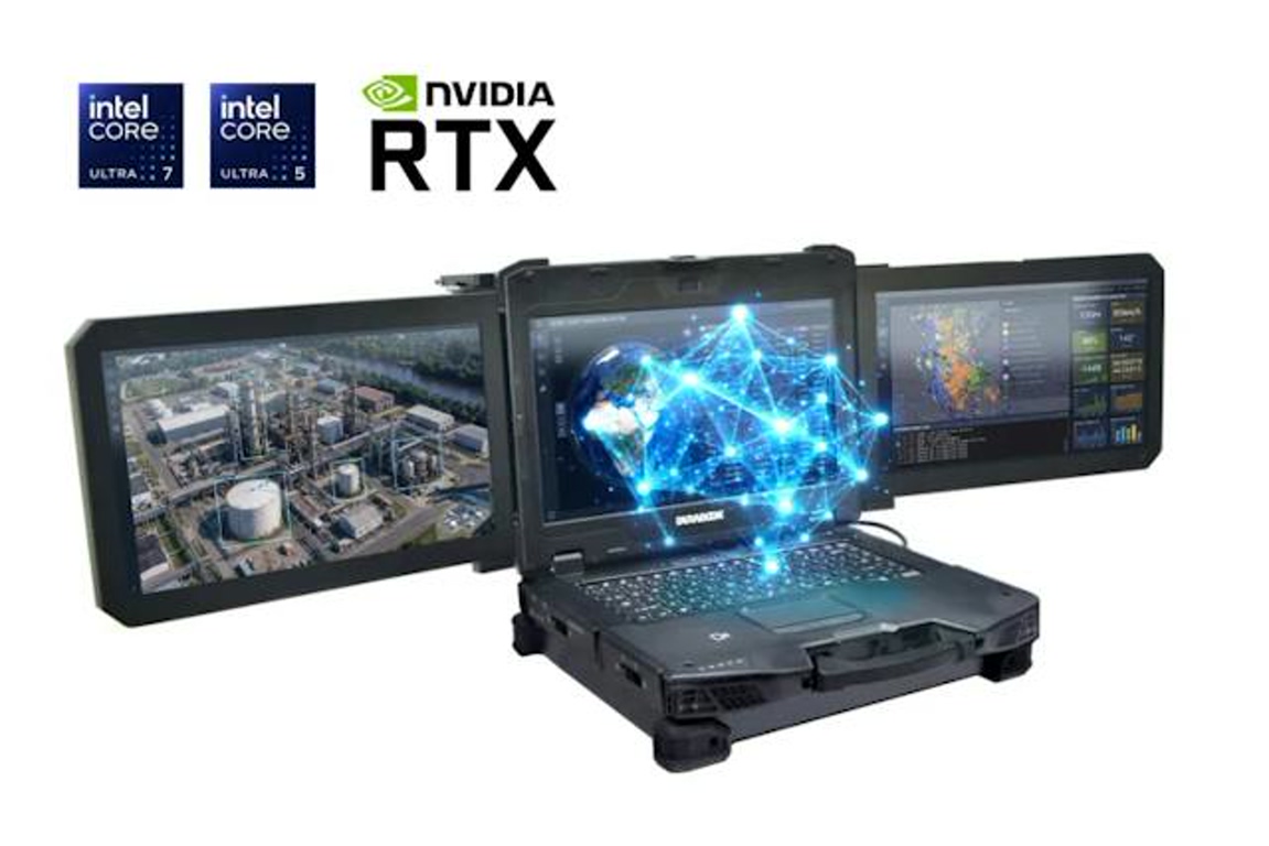 Portable multi-monitor workstation with three screens showing industrial facility, data visualization, and a map; Intel Core and NVIDIA RTX logos above.