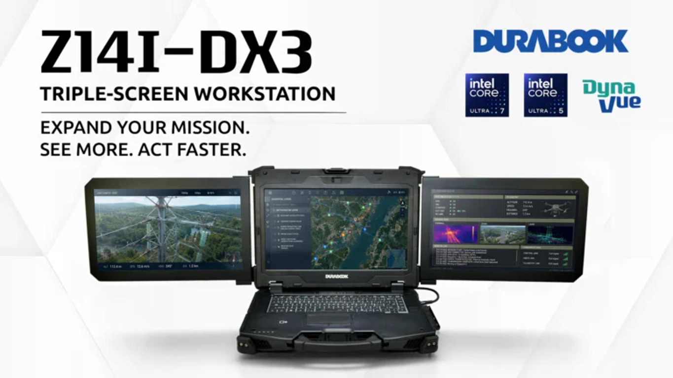 Durabook Z141-DX3 triple-screen rugged workstation open, displaying a map and data on the three attached displays for field missions.