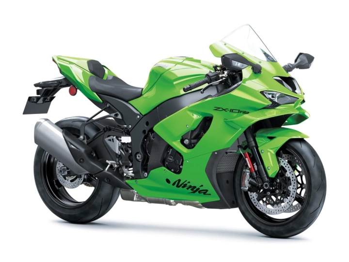 Green Kawasaki Ninja ZX-10R sport motorcycle shown from a side-angle with a black seat, clear windshield, and prominent Kawasaki branding on the fairings.