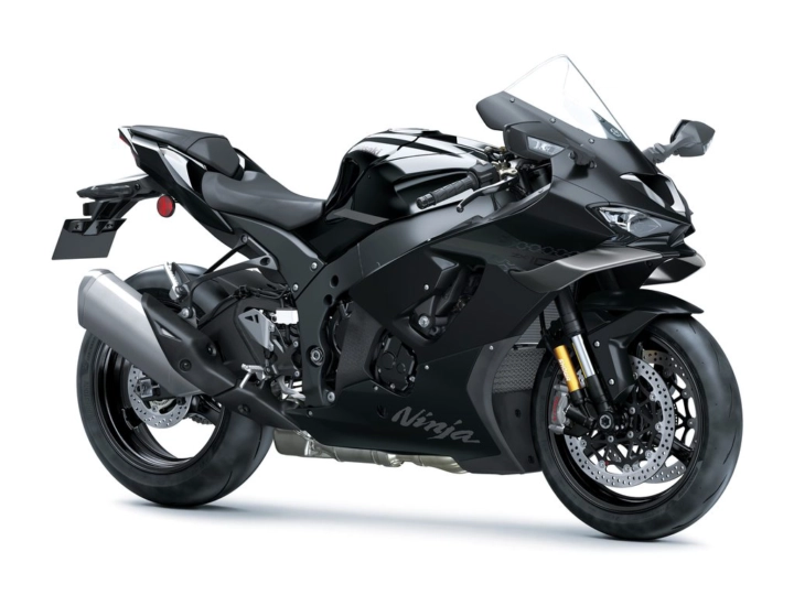 Black Kawasaki Ninja sport motorcycle, side view with windshield and gold front forks on a white background.