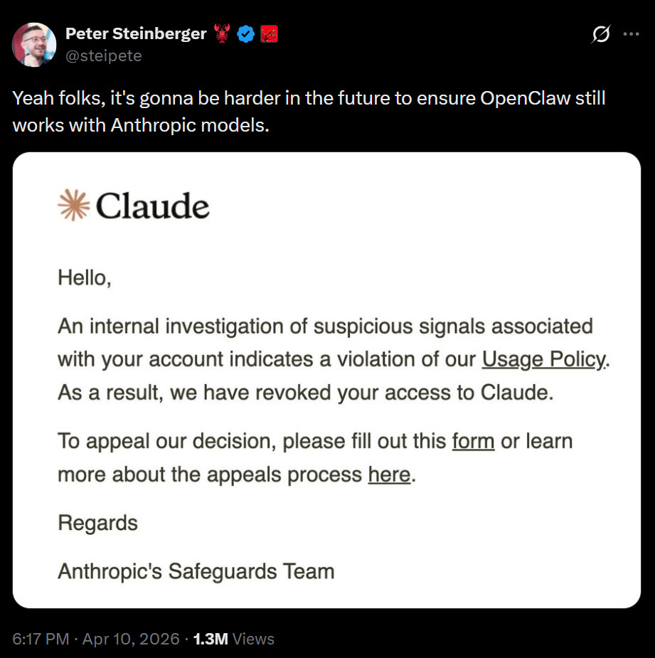 Anthropic موقتاً خالق OpenClaw را از دسترسی به Claude محروم کرد