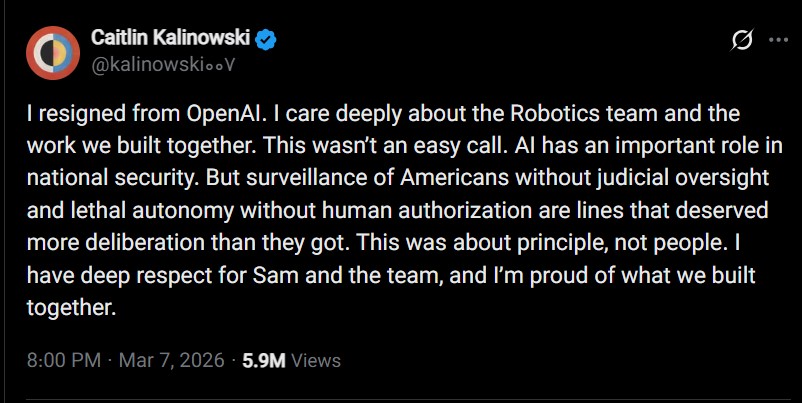 رئیس بخش رباتیک OpenAI در پی قرارداد هوش مصنوعی با پنتاگون استعفا داد