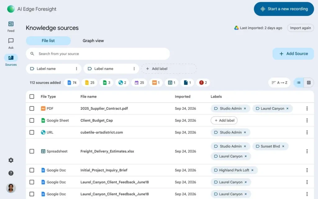 داشبورد مدیریت منابع دانش در پلتفرم AI Edge Foresight شامل فهرست فایل‌های واردشده، برچسب‌ها و انواع فرمت‌های اسناد