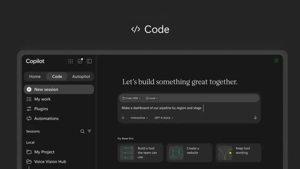 نمای بخش برنامه نویسی Copilot Code در حالت تیره (Dark Mode) همراه با کادر وارد کردن دستورات کدنویسی و گزینه‌های پیشنهادی