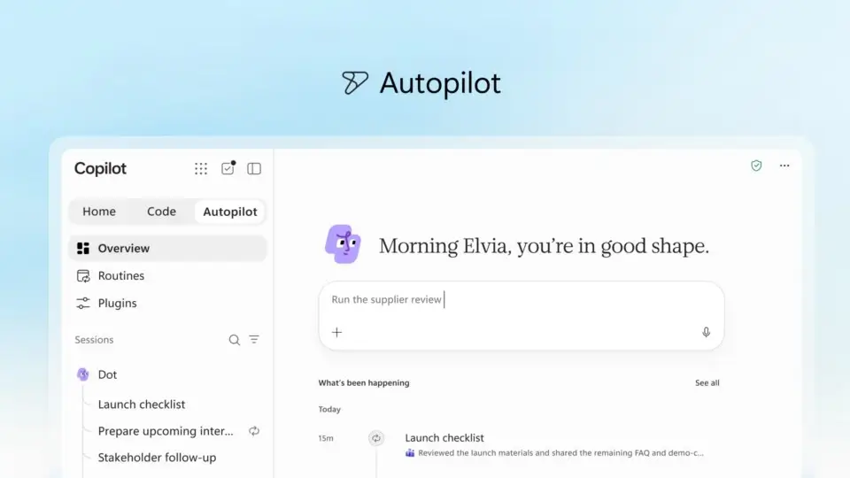 صفحه اصلی دستیار Copilot با پیام خوش‌آمدگویی، کادر گفتگو و منوی دسترسی سریع به ابزارهای تحقیق و تحلیل بازار