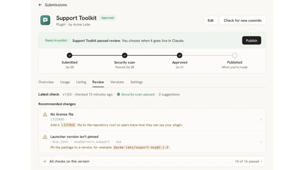 صفحه مراحل تایید و بررسی امنیت افزونه Support Toolkit با وضعیت Ready to publish و پیشنهادات بهینه‌سازی کد