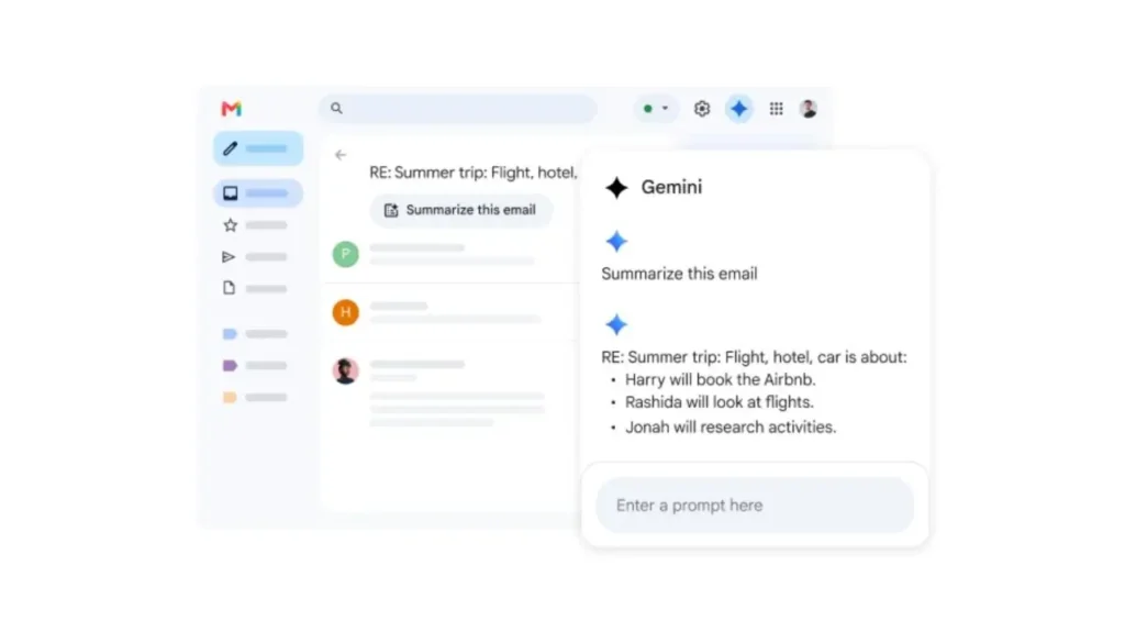 پنل هوش مصنوعی Gemini در جی‌میل در حال ارائه‌ی خلاصه ایمیل مرتبط با برنامه‌ریزی سفر
