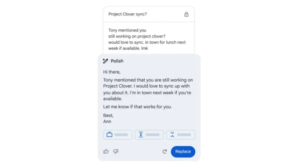 پنجره ویرایش و بازنویسی متون ایمیل با قابلیت Polish هوش مصنوعی برای لحن رسمی‌تر و بهتر.