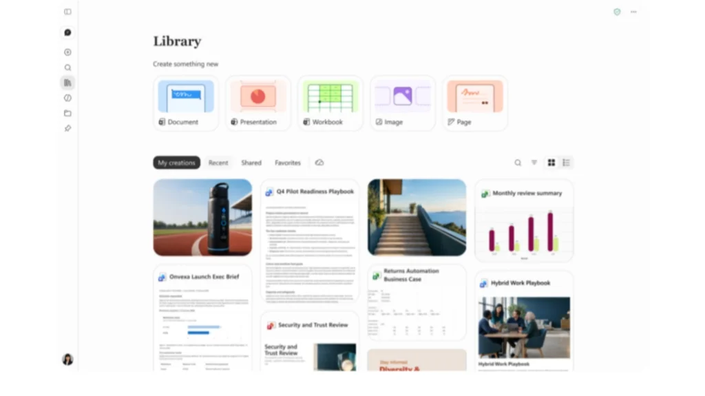 داشبورد بخش کتابخانه (Library) در مایکروسافت کوپیلت با گزینه‌های ایجاد سند، ارائه‌نامه، ورک‌بوک و نمایش کارت‌های اسناد اخیراً ذخیره‌شده