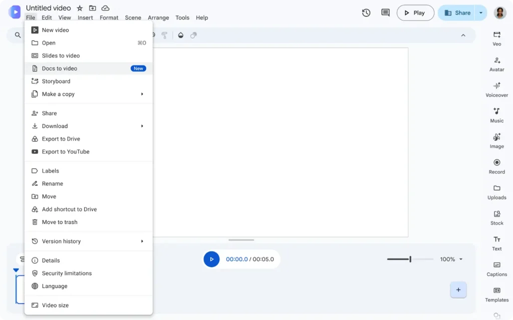 محیط کاربری سرویس Google Vids و منوی بازشده File که گزینه تبدیل سند به ویدیو (Docs to video) را نشان می‌دهد