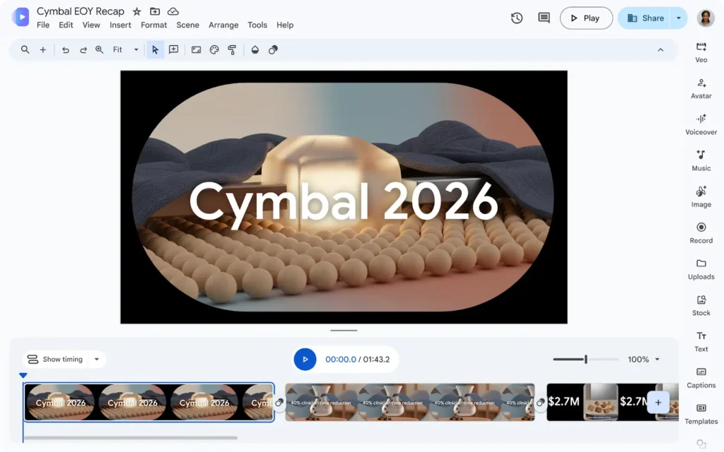 رابط کاربری ویرایشگر ویدیوی Google Vids با پروژه Cymbal 2026 و نوار تایم‌لاین زامانی در پایین صفحه
