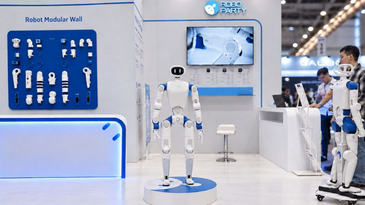 ربات‌های انسان‌نمای RP1 در غرفه RoboParty در نمایشگاه IROS 2026 در کنار اجزای ماژولار ربات