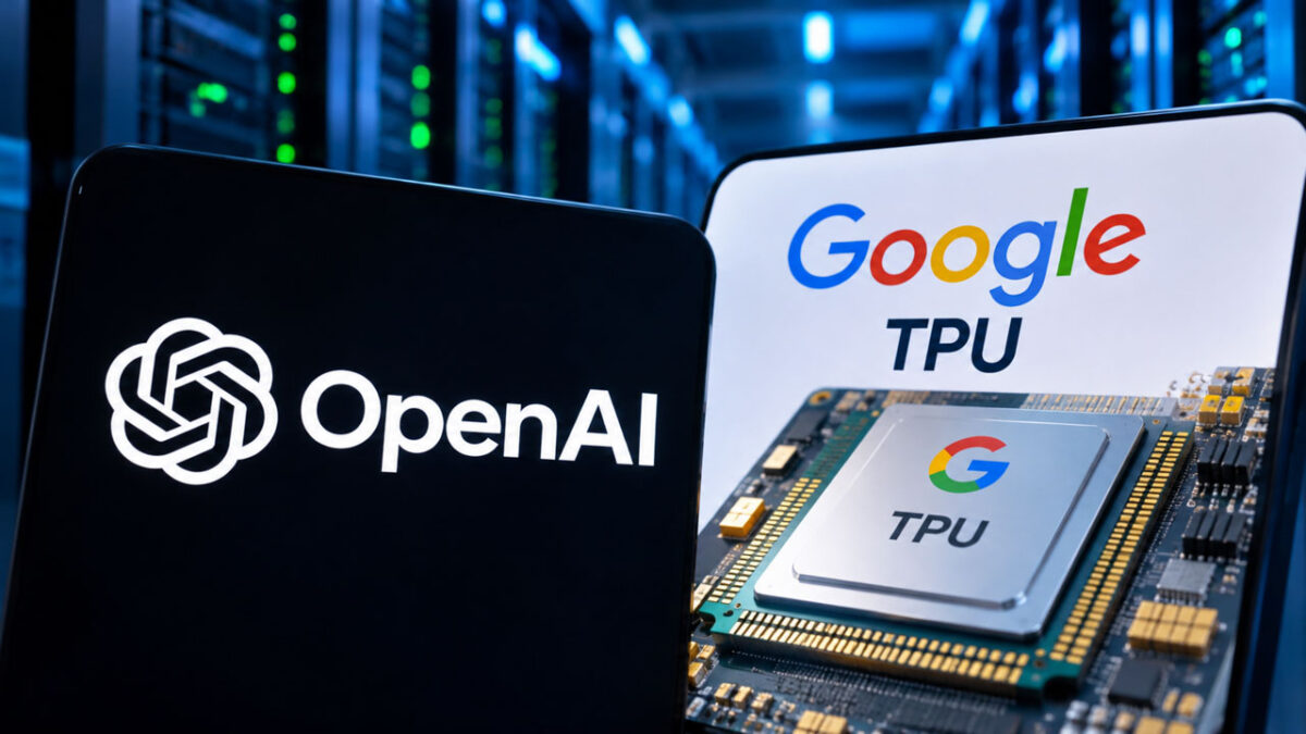 : نمایش لوگوی OpenAI در کنار تراشه هوش مصنوعی TPU گوگل در محیط مرکز داده، با هدف توسعه زیرساخت‌های پردازشی سازنده ChatGPT.