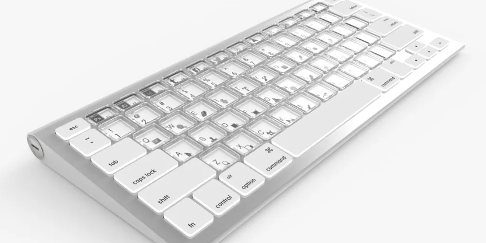 رندر مفهومی کیبورد شفاف با کلیدهای پلاستیکی شفاف روی بدنه نقره‌ای شبیه Magic Keyboard اپل؛ کلیدهای حروف و کلیدهای خاص مانند tab و command از زاویه پایین به تصویر کشیده شده‌اند.