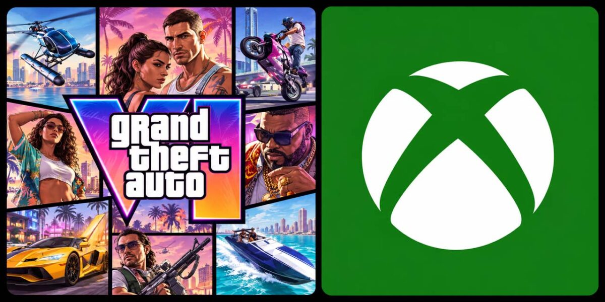 تصویر ترکیبی GTA 6 در کنار لوگوی ایکس‌باکس با صحنه‌هایی از خودرو، قایق، موتور و شخصیت‌های بازی