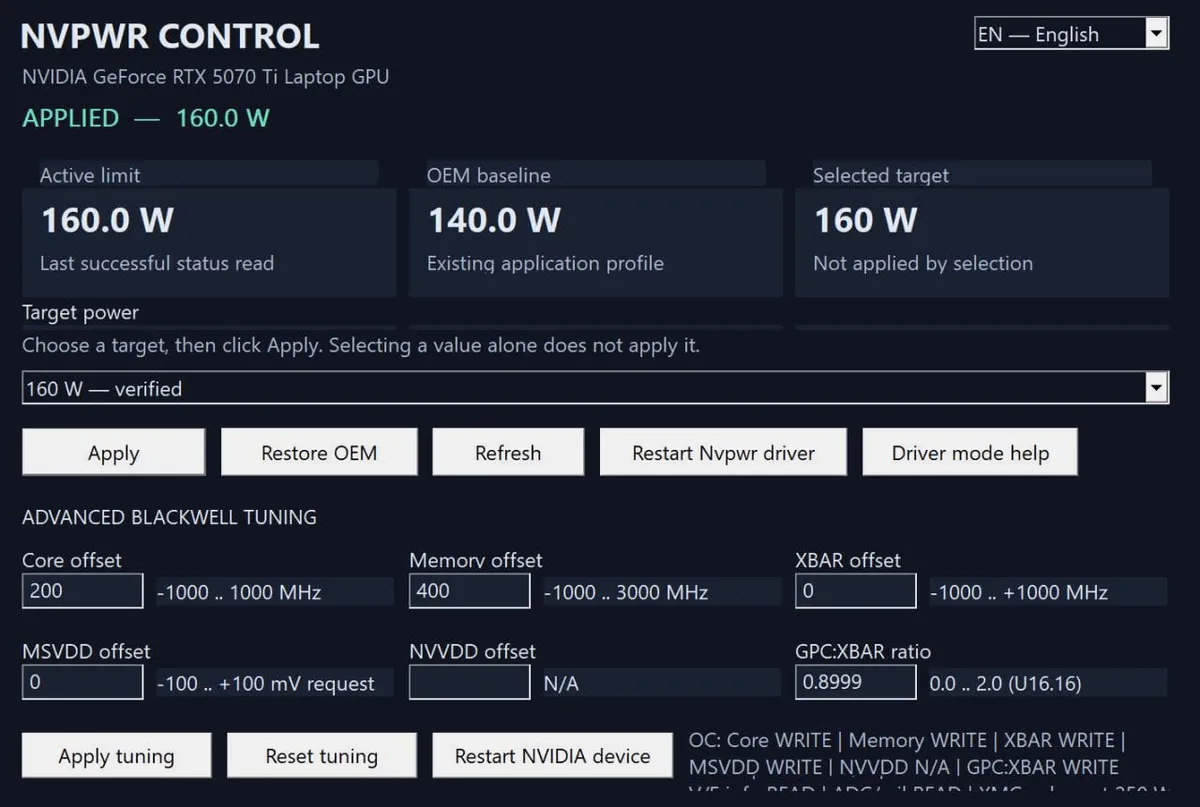 نرم‌افزار مدیریت توان انویدیا NVPWR CONTROL در حال تنظیم توان مصرفی کارت گرافیک لپ‌تاپ RTX 5070 Ti روی ۱۶۰ وات