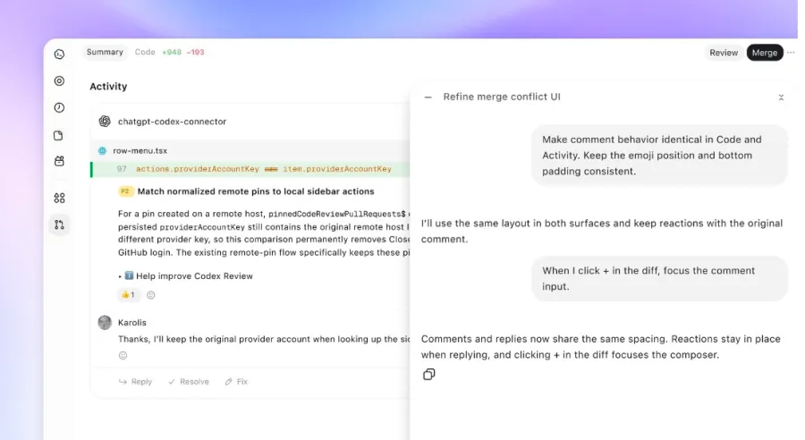محیط ویرایشگر کد و ابزار بازبینی ChatGPT Codex به همراه پنل گفتگو برای اصلاح رابط کاربری تعارض‌های ادغام.