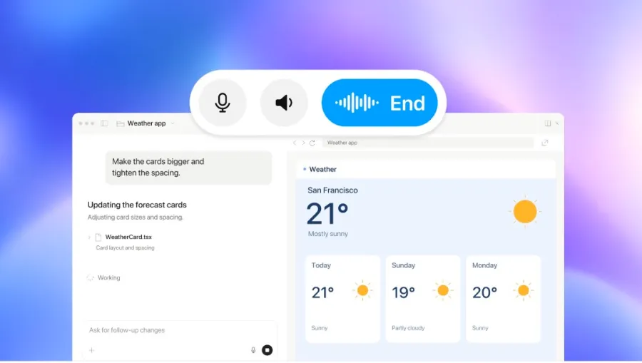 رابط کاربری کنترل صوتی با دکمه پایان تماس روی صفحه برنامه هواشناسی سان‌فرانسیسکو و پیش‌بینی چند روز آینده.