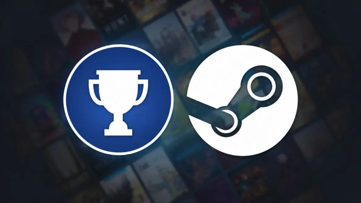 آیکون آبی تروفی پلی‌استیشن در کنار لوگوی سفید Steam روی پس‌زمینه‌ای تارشده از کاور بازی‌های ویدیویی