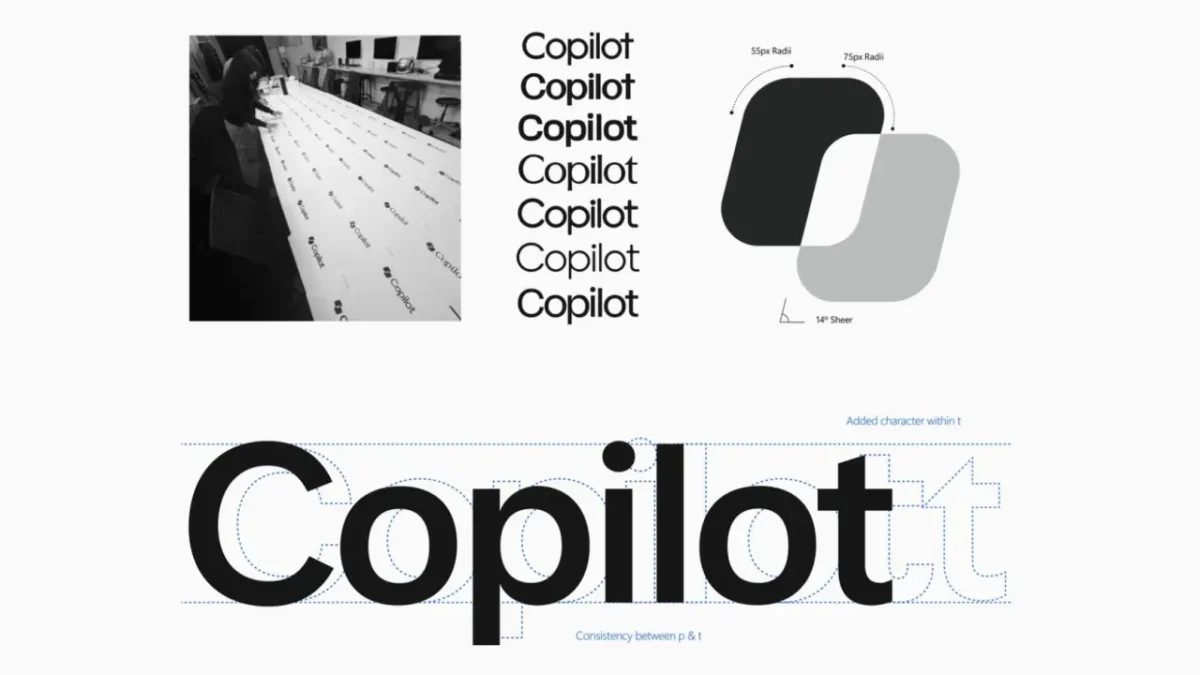 صفحه‌ی نشان‌دهنده‌ی برندینگ و طراحی لوگوی مایکروسافت Copilot شامل تصاویر سیاه و سفید از طراحی کارت و لوگو، چند نسخه از لوگوتایپ، نمونه‌های دیاگرام هندسی (55px، 75px، 14 درجه شیب)، و نمونه‌ی تایپوگرافی دقیق حرف C بزرگ با خطوط راهنمای آبی