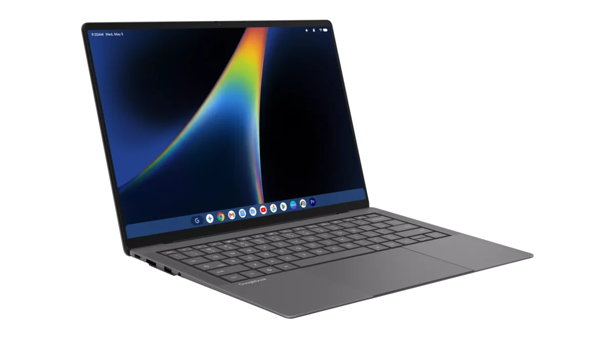 لپ‌تاپ Googlebook 14 ایسوس با نمایشگر روشن، صفحه‌کلید و تاچ‌پد بزرگ از نمای سه‌رخ