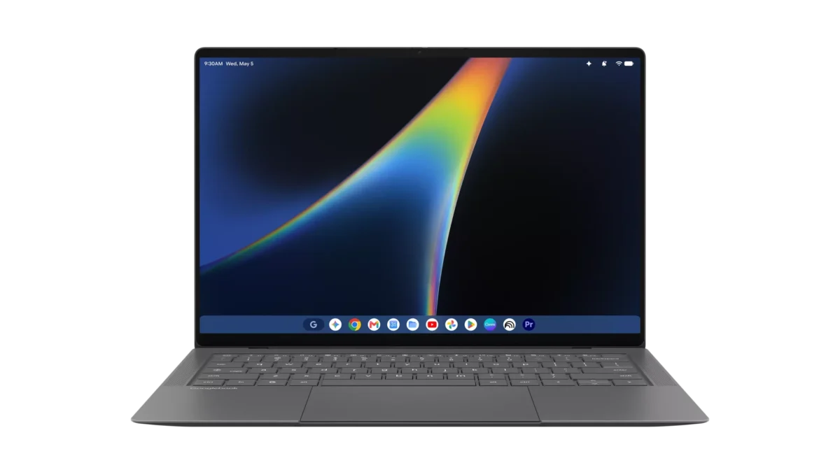 لپ‌تاپ Googlebook 14 ایسوس با نمایشگر روشن، صفحه‌کلید و تاچ‌پد بزرگ از نمای سه‌رخ