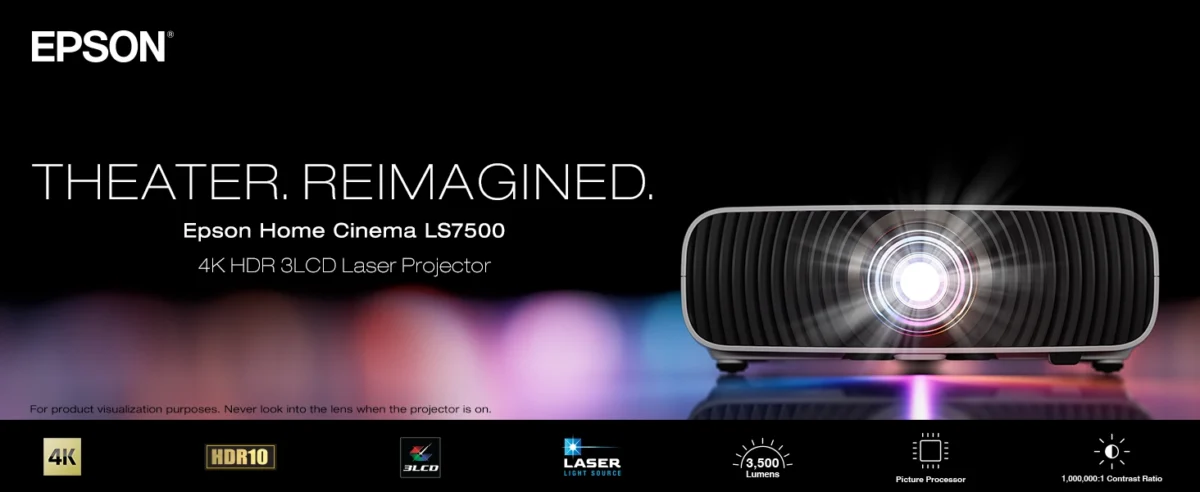 پوستر معرفی پروژکتور سینمای خانگی رده‌بالای اپسون مدل Home Cinema LS7500 با لنز لیزری قدرتمند، روشنایی ۳۵۰۰ لومن و نسبت کنتراست ۱,۰۰۰,۰۰۰ به ۱ روی پس‌زمینه مشکی.