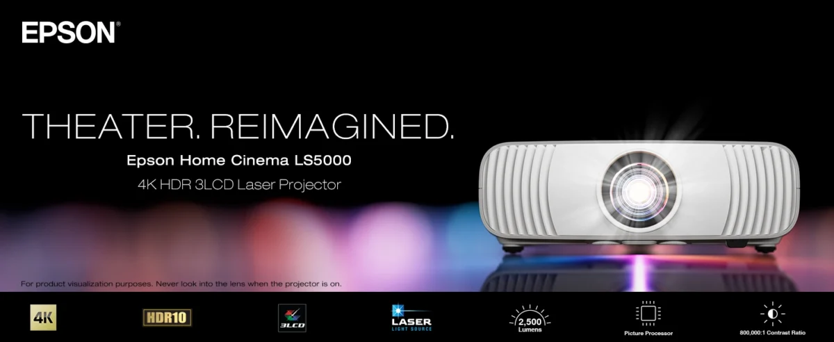 پوستر تبلیغاتی پروژکتور لیزری اپسون مدل Home Cinema LS5000 با کیفیت 4K HDR، روشنایی ۲۵۰۰ لومن، فناوری 3LCD و نسبت کنتراست ۸۰۰,۰۰۰ به ۱.