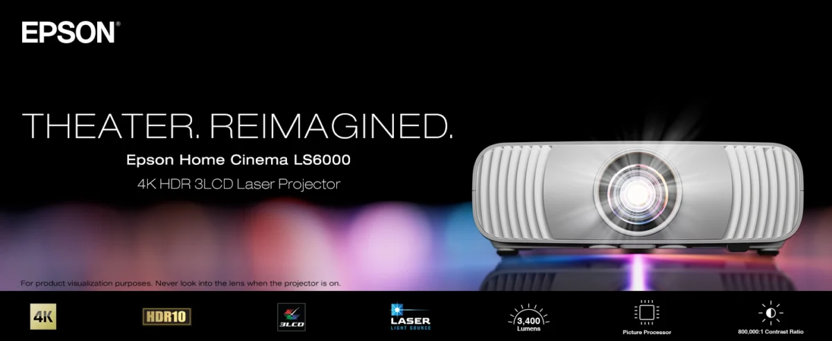 تصویر تبلیغاتی پروژکتور لیزری اپسون مدل Home Cinema LS6000 با وضوح 4K HDR، روشنایی ارتقایافته‌ی ۳۴۰۰ لومن و پردازشگر تصویر اختصاصی.