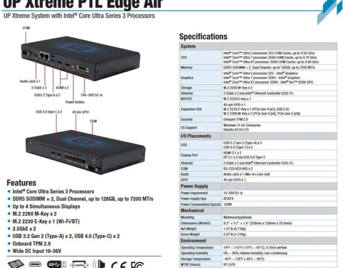 تصویری از مشخصات مینی‌پی‌سی Up Xtreme PTL Edge Air