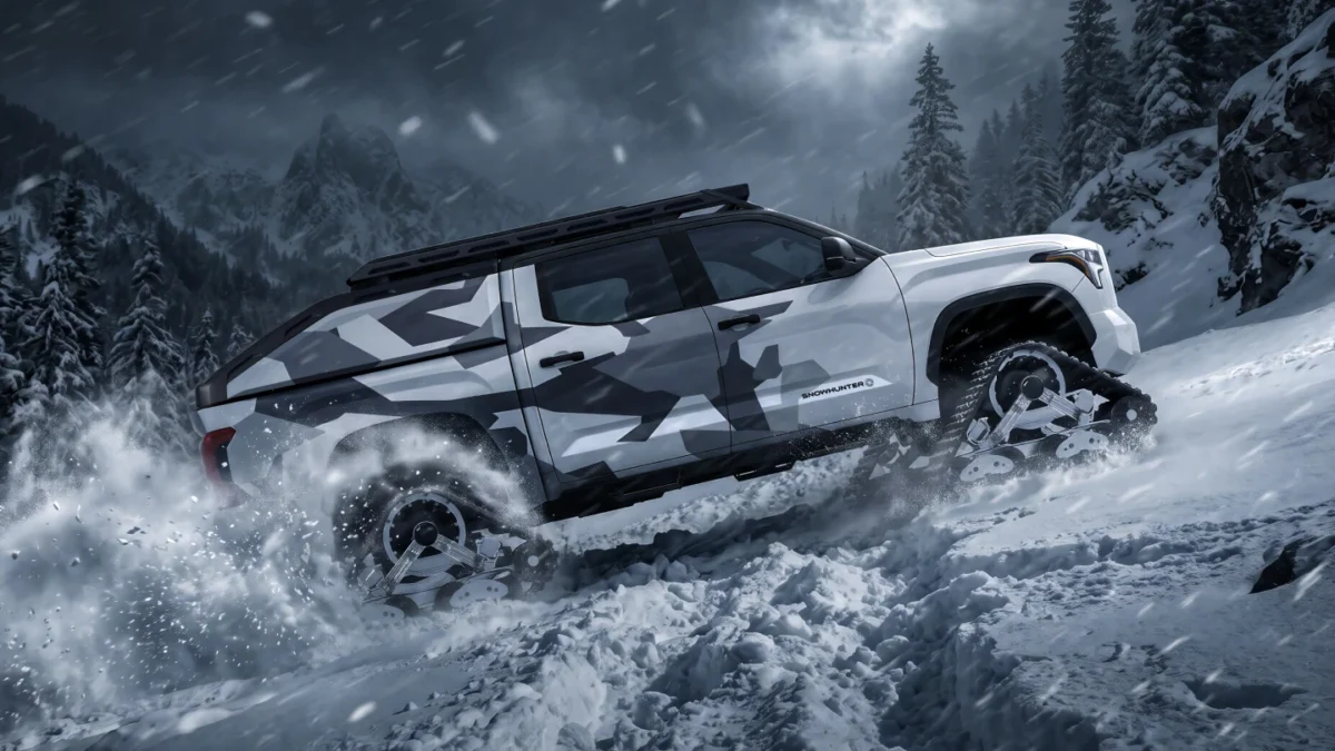 پیکاپ Toyota Tundra Snowhunter با بدنه استتاری و شنی‌های مخصوص در حال عبور از مسیر کوهستانی پوشیده از برف است 