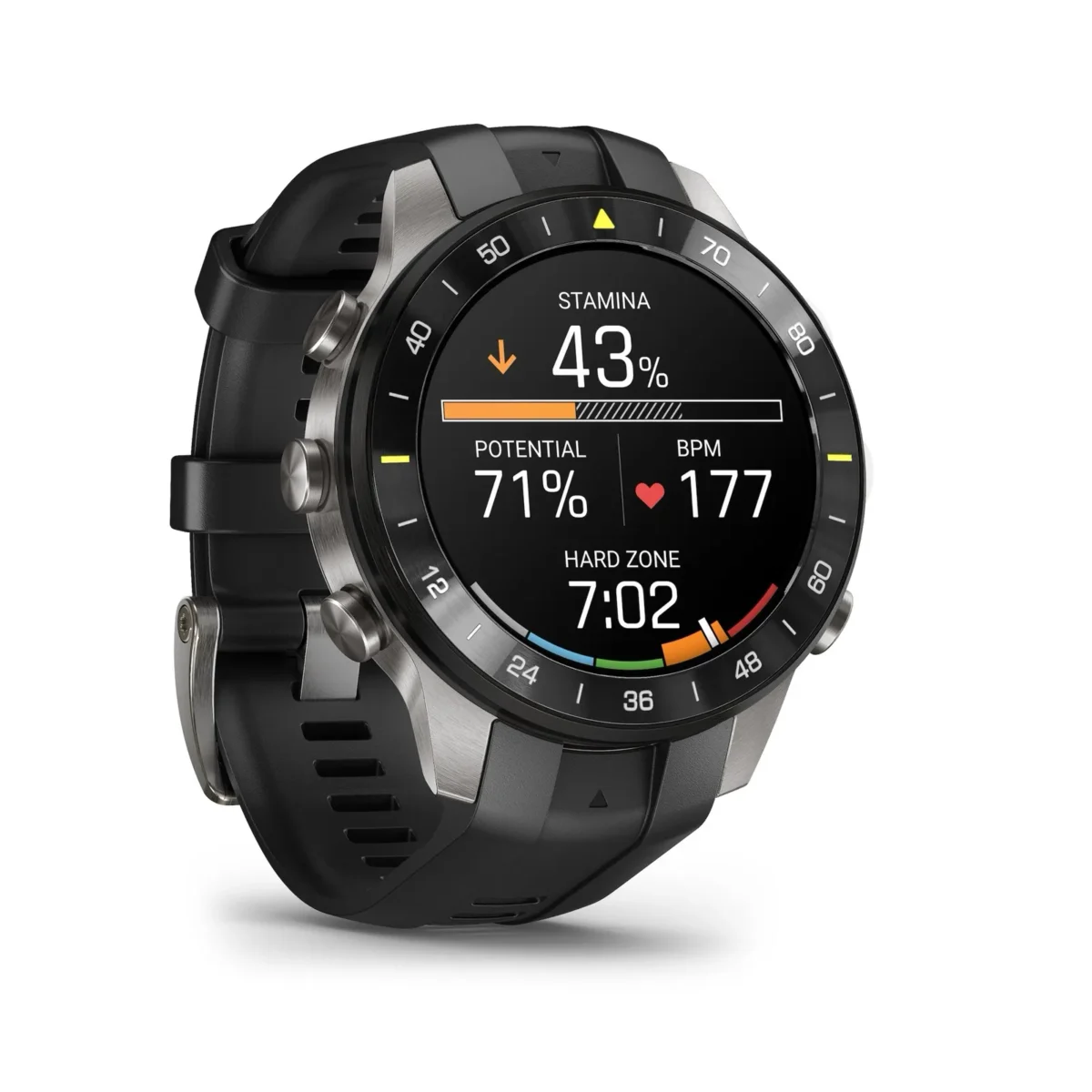 ساعت هوشمند Garmin با بدنه تیتانیومی و بند مشکی روی پس‌زمینه سفید که اطلاعات وضعیت بدنی شامل میزان استقامت (۴۳٪)، ضربان قلب (۱۷۷ BPM) و زمان منطقه سخت را نمایش می‌دهد.