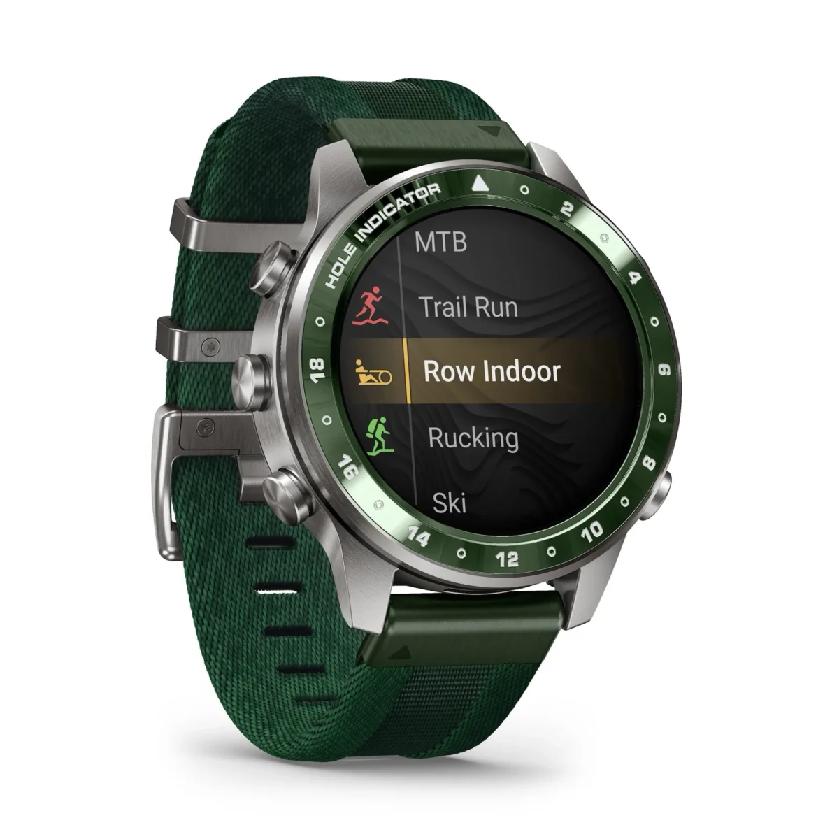 ساعت هوشمند Garmin با بدنه استیل، قاب سبزرنگ و بند نایلونی سبز بافتنی که منوی ورزشی شامل گزینه‌های دویدن، پیاده‌روی و قایقرانی را نمایش می‌دهد.