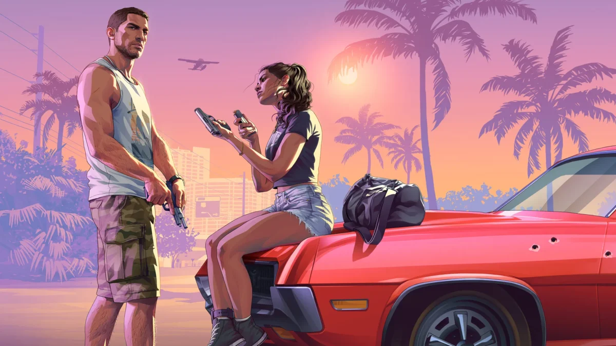 جیسون و لوسیا، شخصیت‌های اصلی بازی GTA 6، در کنار خودروی قرمز و در حالی که اسلحه در دست دارند، مقابل منظره غروب خورشید در Vice City دیده می‌شوند 