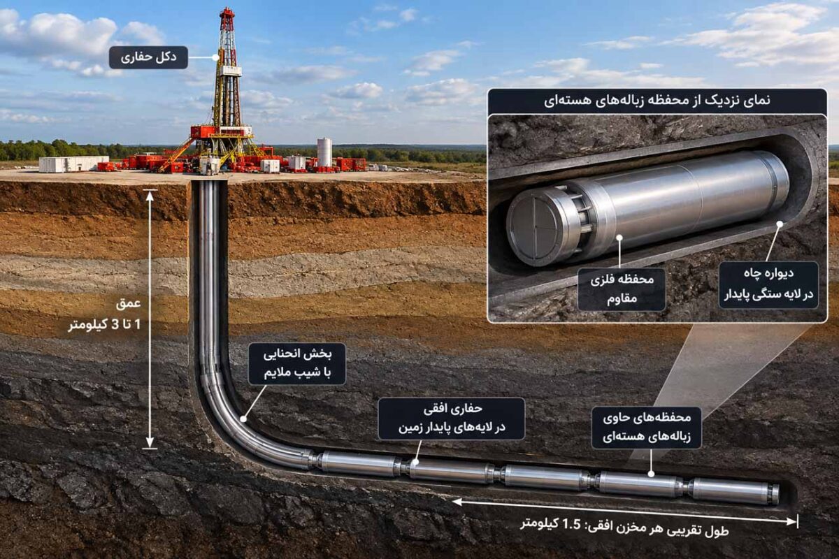 دیاگرام نحوه دفن زباله‌های هسته‌ای در عمق یک تا سه کیلومتری زمین با استفاده از حفاری عمودی و افقی و قرار دادن محفظه‌های فلزی حاوی مواد رادیواکتیو در لایه‌های سنگی پایدار 