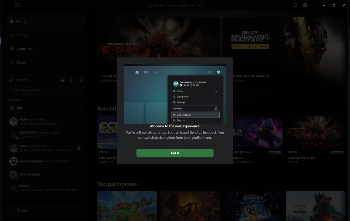 پنجره‌ی پاپ‌آپ خوش‌آمدگویی در اپلیکیشن Xbox با عنوان Welcome to the new experience! که پیامی درباره‌ی ارسال بازخورد و امکان بازگشت به رابط قبلی از منوی پروفایل را نشان می‌دهد؛ پیش‌نمایشی از منوی پروفایل کاربر با گزینه‌های View profile، Settings و Sign out دیده می‌شود و در پایین، دکمه‌ی سبز Got it قرار دارد.