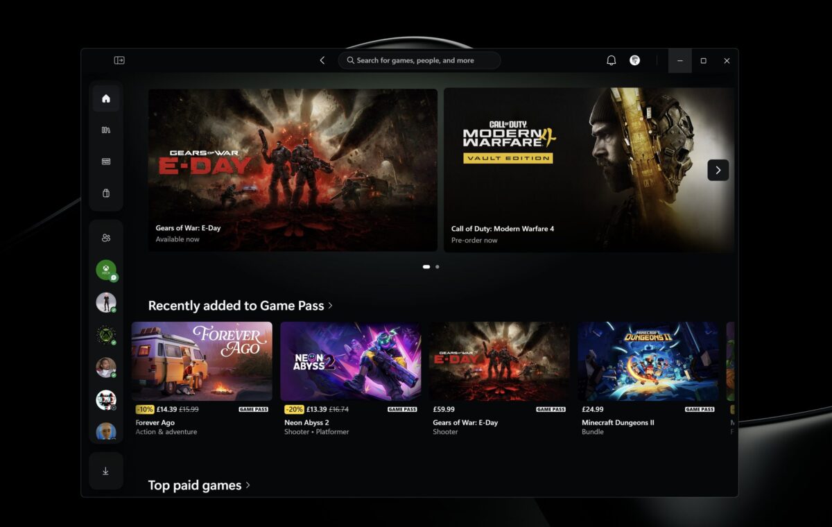 صفحه‌ی فروشگاه اپلیکیشن Xbox؛ در بخش بنر بالایی، بازی Gears of War: E-Day با توضیح Available now و Call of Duty: Modern Warfare 4 با نوار Vault Edition و عبارت Pre-order now دیده می‌شود، و در بخش Recently added to Game Pass کارت‌های بازی‌های Forever Ago، Neon Abyss 2، Gears of War: E-Day و Minecraft Dungeons II همراه با قیمت و برچسب Game Pass قرار دارند.