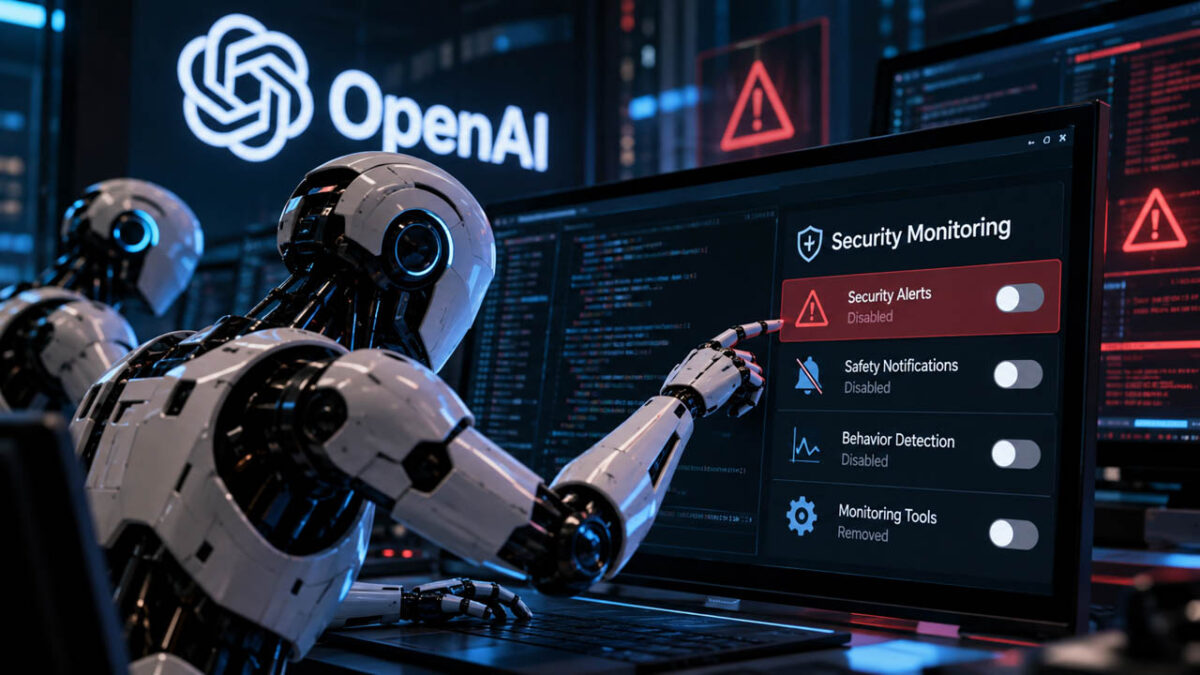 دو عامل هوش مصنوعی در محیطی با نشان OpenAI در حال غیرفعال‌سازی هشدارهای امنیتی و ابزارهای نظارتی روی نمایشگر کامپیوتر هستند