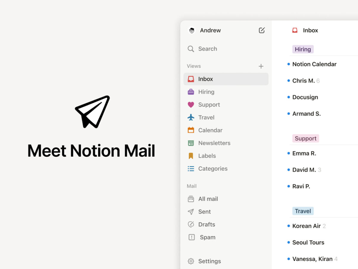 نمای رابط کاربری سرویس Notion Mail برای مدیریت ایمیل‌ها