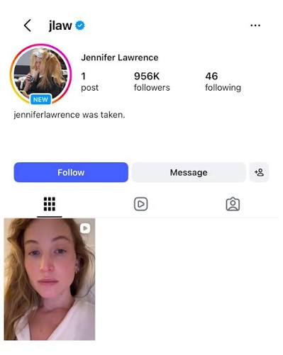 صفحه پروفایل رسمی جنیفر لارنس در اینستاگرام با آیدی jlaw و یک پست منتشرشده.