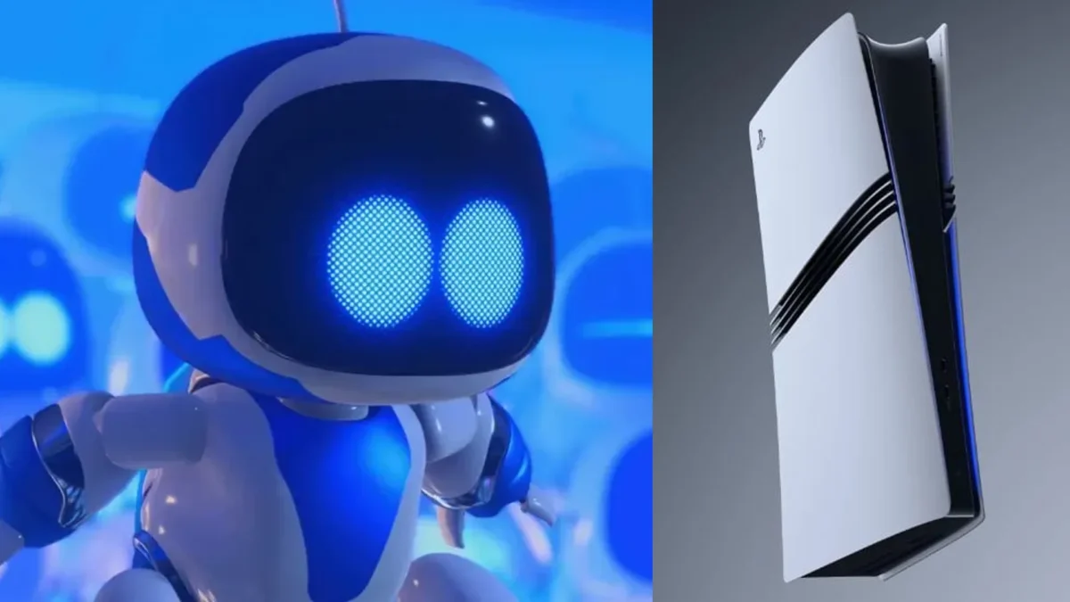 تصویر ترکیبی از ربات بازی Astro Bot با چشمان آبی درخشان و کنسول سفید پلی‌استیشن ۵ با نوارهای مشکی در بدنه.