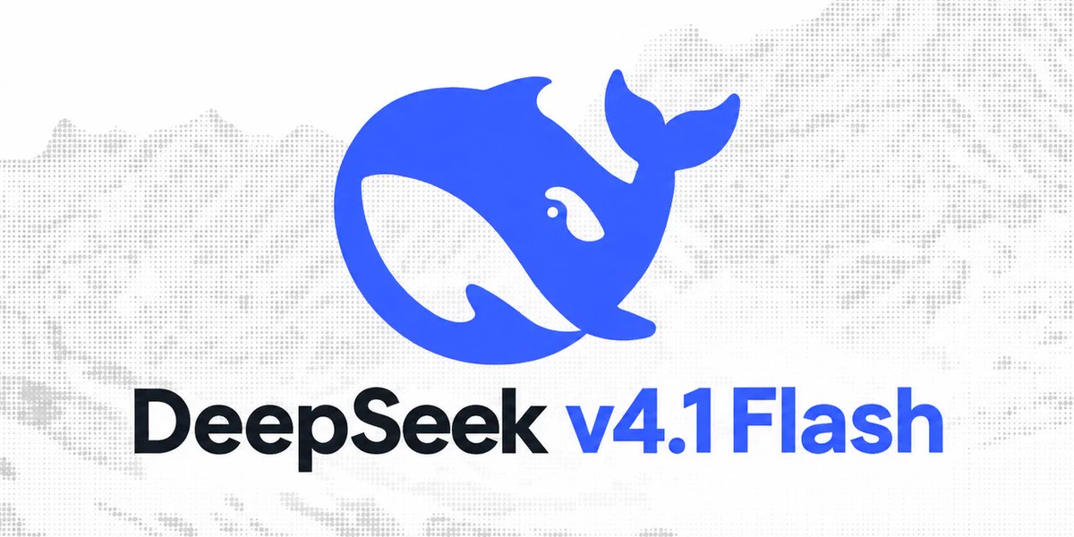 لوگوی مدل هوش مصنوعی DeepSeek v4.1 Flash شامل نشان آبی‌رنگ نهنگ روی پس‌زمینه سفید با الگوی نقطه‌ای و طرح کم‌رنگ کوهستان.