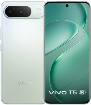 نمای جلو و پشت گوشی ویوو T5 5G به رنگ نقره‌ای متمایل به سبز با نمایشگر حفره‌دار، حاشیه‌های بسیار باریک، قاب مات و ماژول دوربین پشتی کپسولی افقی.