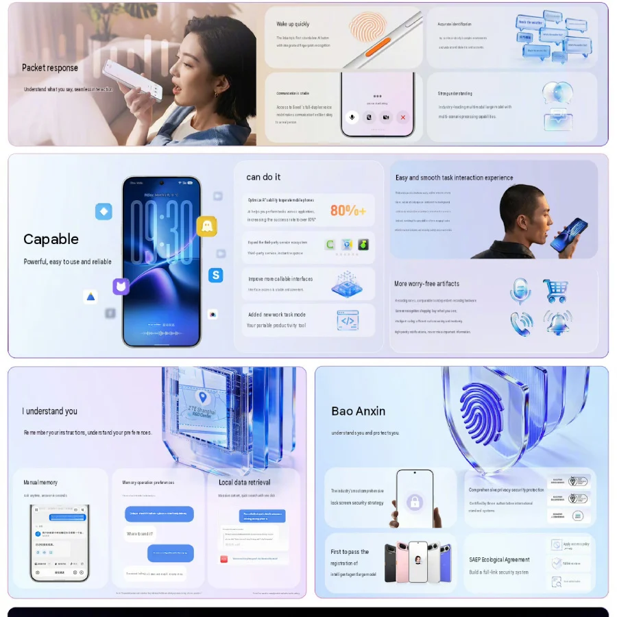 اینفوگرافیک معرفی قابلیت‌های هوش مصنوعی گوشی نوبیا NaviX Ultra شامل دستیار صوتی تعاملی، پردازش خودکار وظایف، جست‌وجوی محلی داده‌ها و سیستم امنیتی بیومتریک