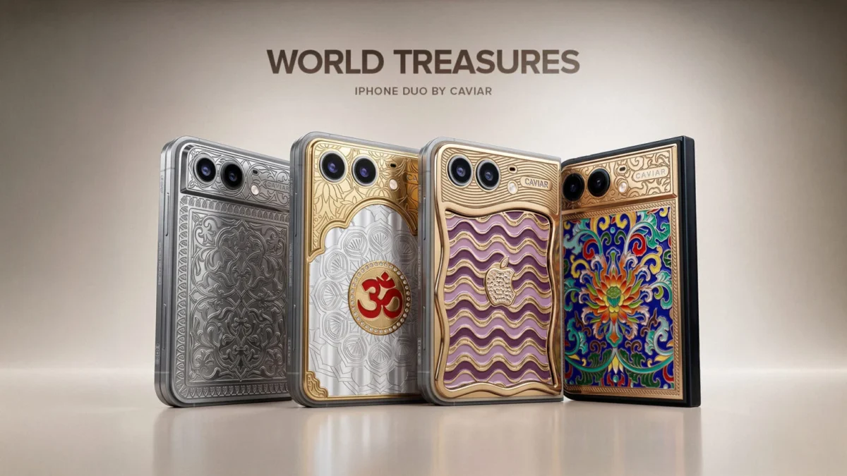 چهار مدل از گوشی‌های لوکس سفارشی مجموعه‌ی World Treasures ساخت برند Caviar برای iPhone Duo در کنار یکدیگر.