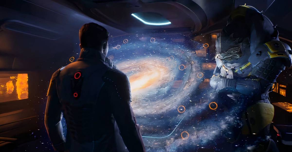 صحنه‌ای از بازی مسی‌ایکت (Mass Effect)؛ دو شخصیت فضایی، از جمله یک بیگانه‌ی کروگان، در کنار نمایشگر سه‌بعدی بزرگ کهکشانی درون سفینه.