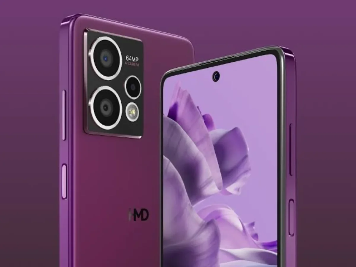 نمای جلو و پشت گوشی بنفش HMD Crest Max؛ نمایشگر آن تصویر پس‌زمینه‌ای گل‌مانند دارد و ماژول دوربین پشت گوشی شامل دو دوربین بزرگ و دوربین‌های کوچک‌تر است.