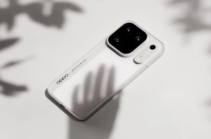 تصویر زاویه‌دار از پشت گوشی Oppo Find X10 Pro Max در رنگ نقره‌ای مات که سایه یک دست روی بدنه آن افتاده است؛ ماژول دوربین مربعی بزرگ با سه لنز و لوگوی Oppo و Hasselblad به وضوح دیده می‌شود.