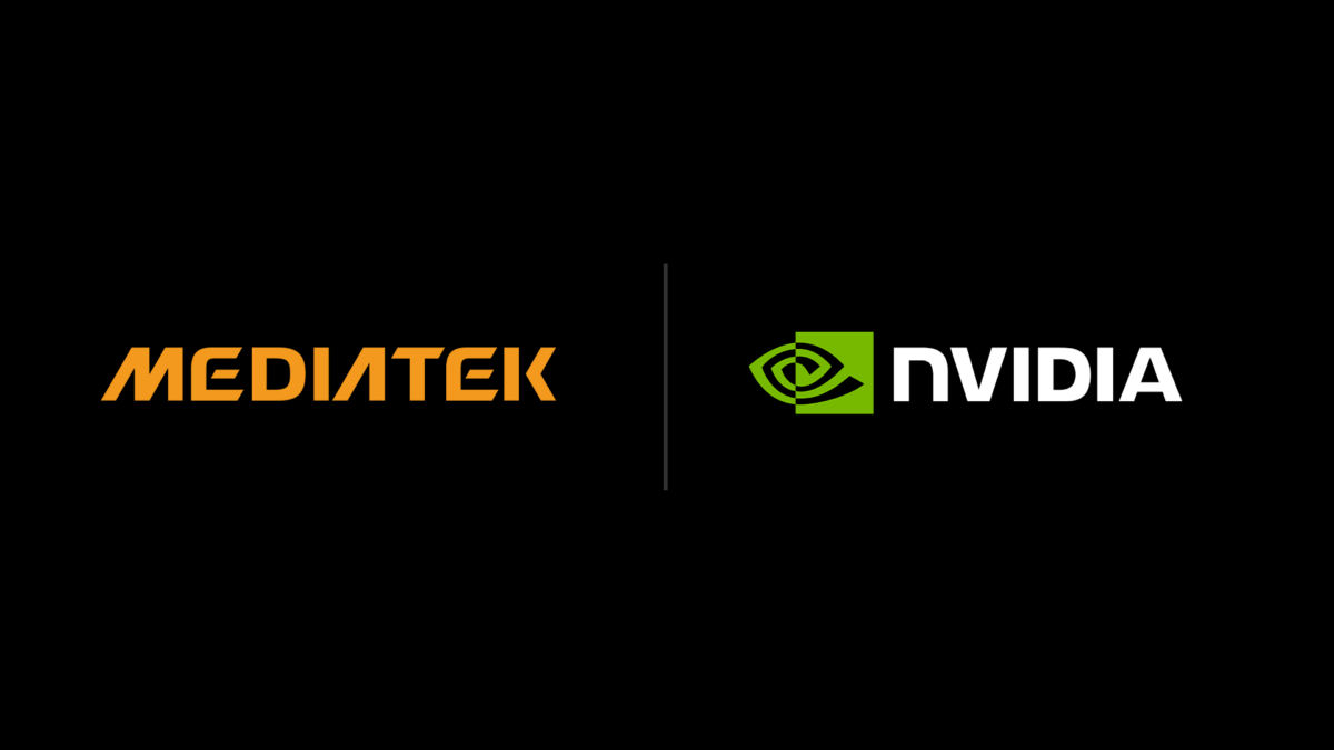 لوگوی نارنجی مدیاتک (MediaTek) در کنار لوگوی سبز انویدیا (NVIDIA) با یک خط جداکننده عمودی در پس‌زمینه یکدست مشکی.